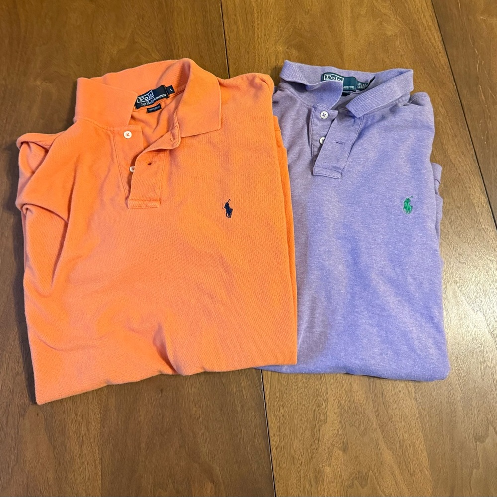 Polo Ralph Lauren lot 2 sz L men’s short sleeve orange pique, purple cotton knit